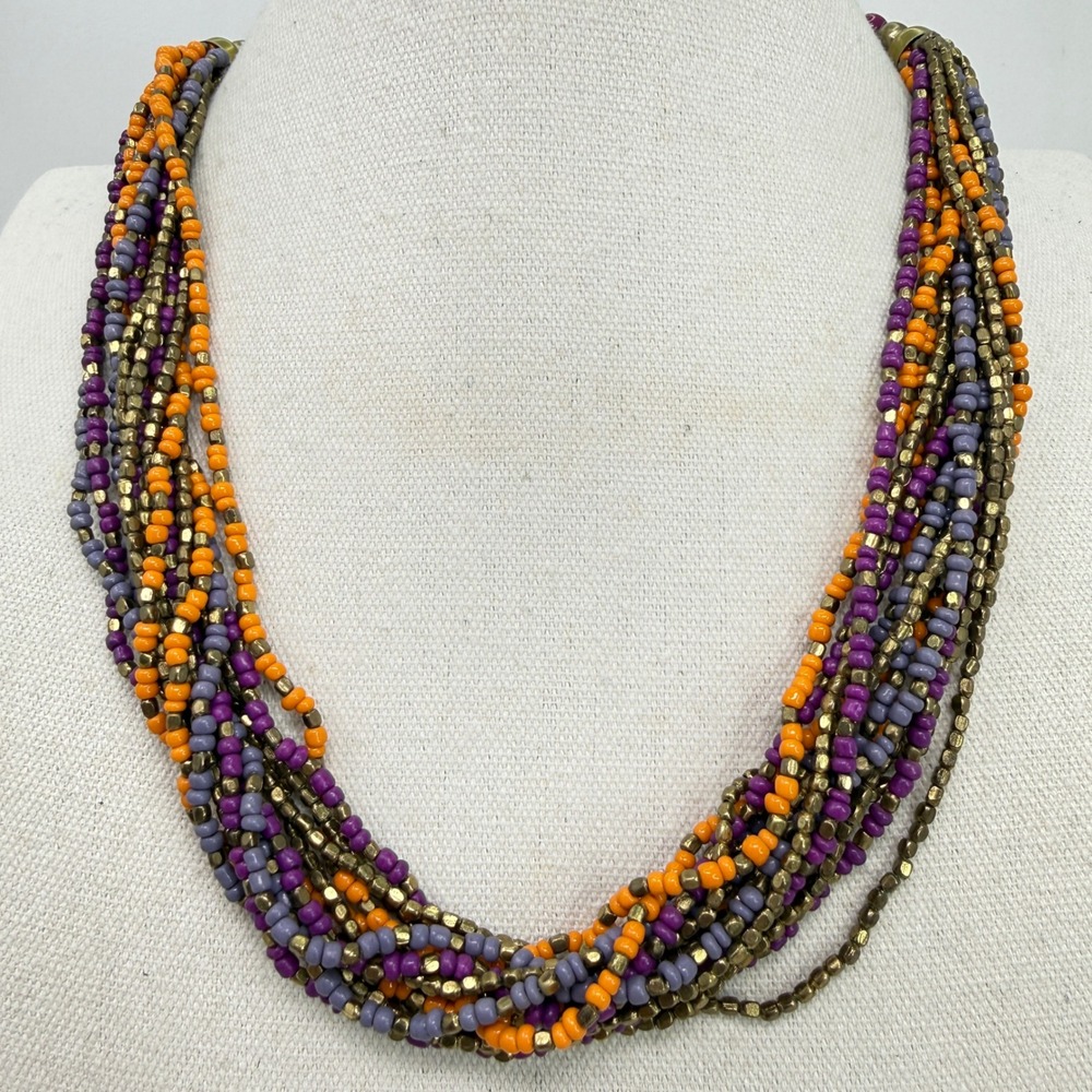 ZAD Multi‎ Strand Beaded Necklace Purple Orange Gold Tone Pendant Accent
